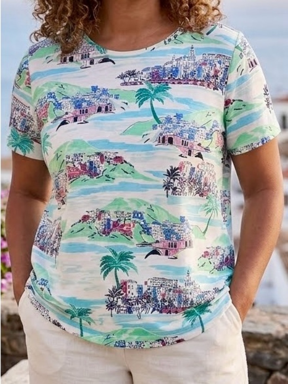 Kim Rogers Tee Short Sleeve Vacation Graphic Aqua Teal Green Coastal Island LRG